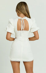 Laila Mini Linen Blend Dress - High Neck Side Cut Out Puff Sleeve Straight Dress in Off White
